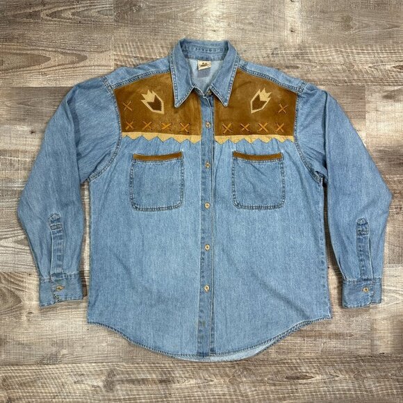 Vintage SAP Man Denim and Suede Button Up Long Sleeve Mens Shirt-Sz Large - Picture 2 of 12
